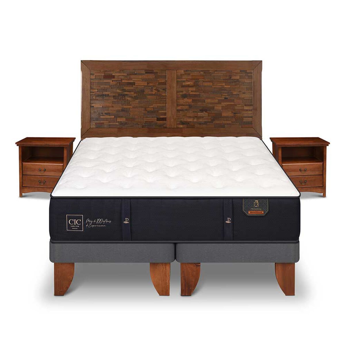 Cama Europea CIC Base Dividida 2 Plazas Premium + Respaldo + 2 Veladores Antique