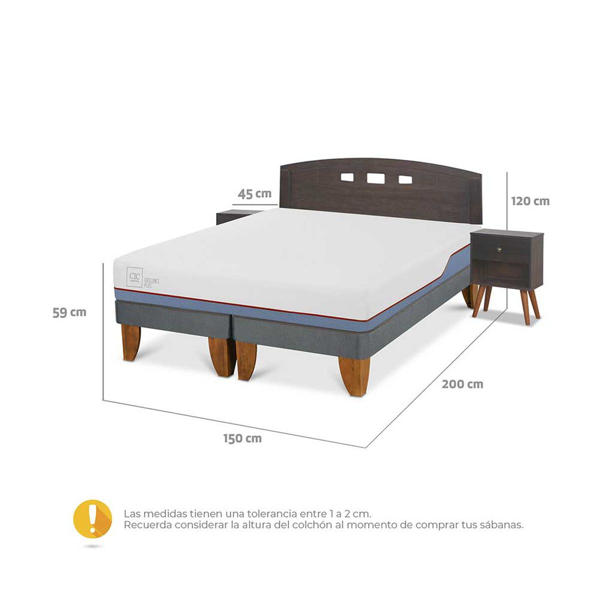 Cama Europea CIC Base Dividida 2 Plazas Excellence Plus + Respaldo + 2 Veladores Gales