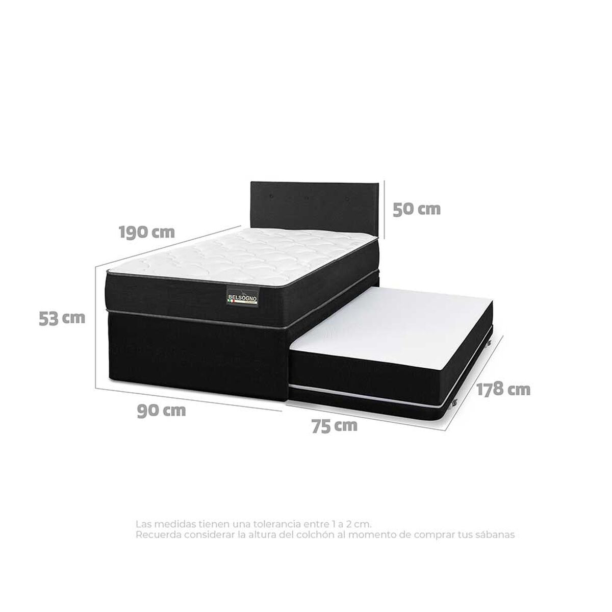 Cama Nido Belsogno 1 Plaza One Black + Respaldo Black Tapizado