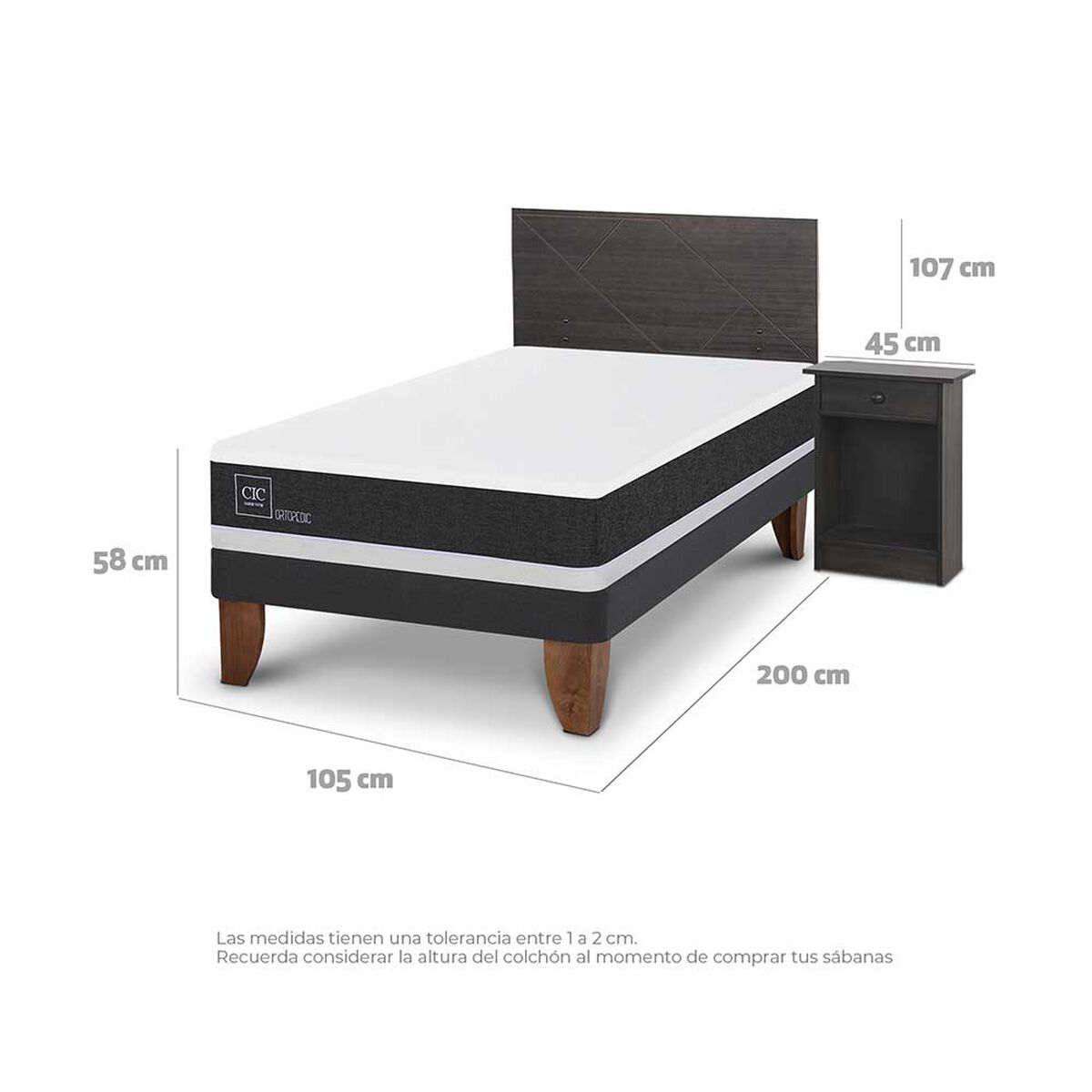 Cama Europea CIC 1,5 Plazas Ortopedic + Respaldo + Velador Villarrica