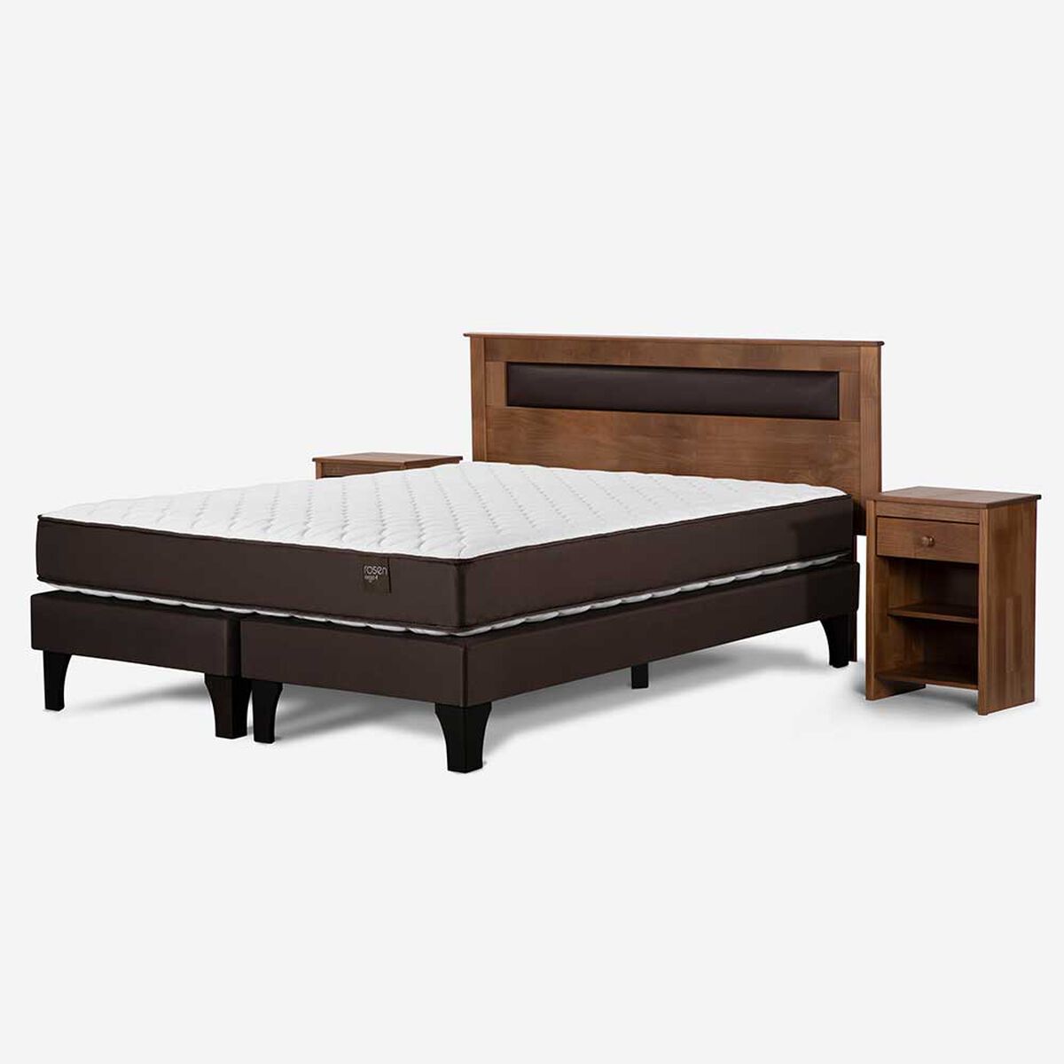 Cama Europea Rosen Base Dividida 2 Plazas Ergo T + Respaldo + 2 Veladores Ferrara + Cómoda Baker