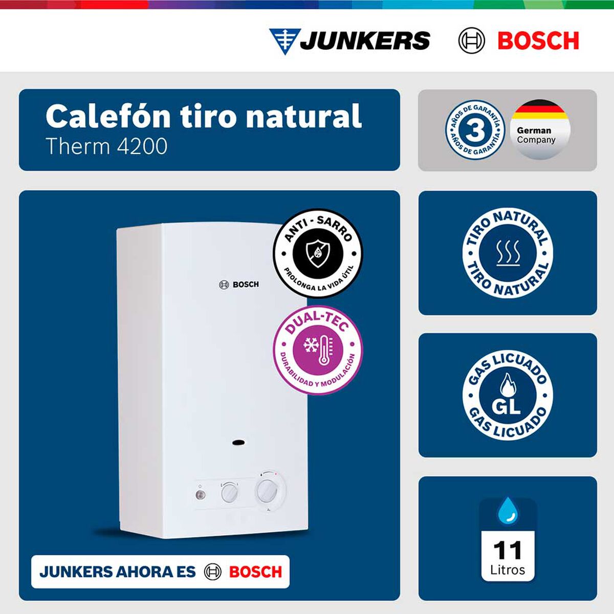 Calef&oacute;n 11 litros gas licuado tiro natural Junkers Bosch Therm 4200
