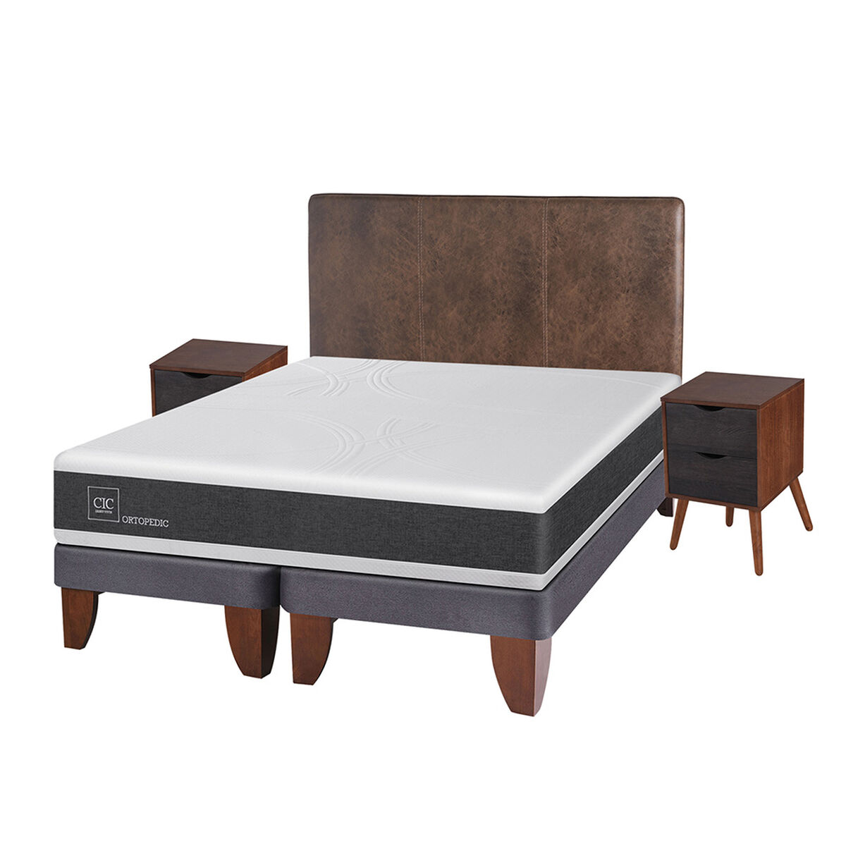 Cama Europea CIC Base Dividida King Ortopedic + Respaldo + 2 Veladores Baker
