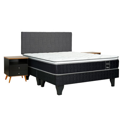 Cama Europea Celta Base Dividida King Black Soul +  Respaldo + 2 Veladores Black