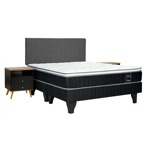 Cama Europea Celta Base Dividida King Black Soul +  Respaldo + 2 Veladores Black