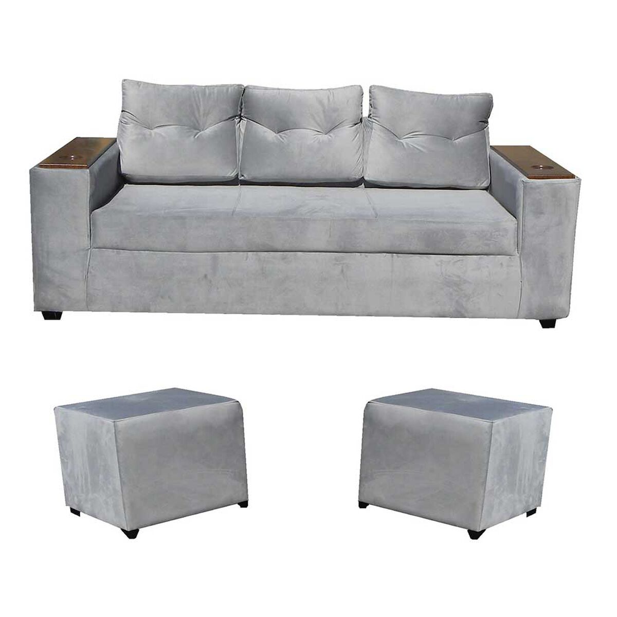 Juego de Living Almore Wilson Sofá 3 Cuerpos + Dos Pouf Gris