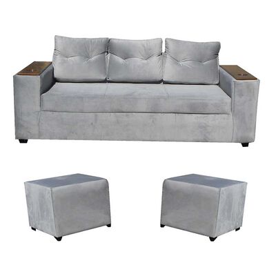 Juego de Living Almore Wilson Sofá 3 Cuerpos + Dos Pouf Gris