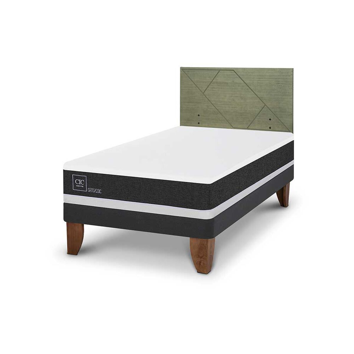 Cama Europea CIC 1,5 Plazas Ortopedic + Respaldo Villarrica Olivo