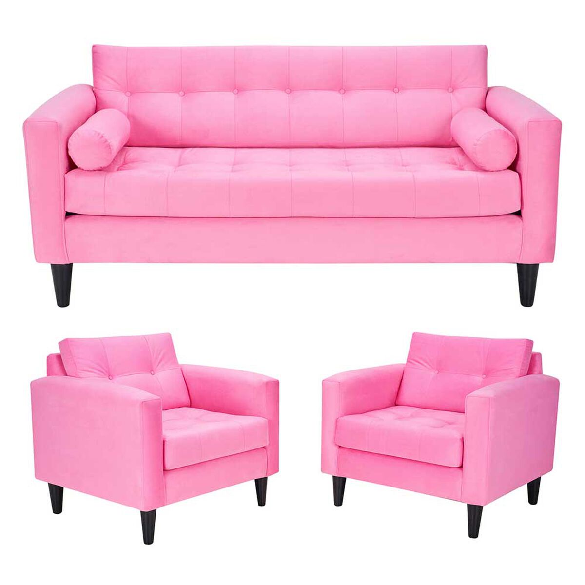 Juego de Living Bodevir Retro Felpa 3 Cuerpos + Dos Sillones 1 Cuerpo Rosado