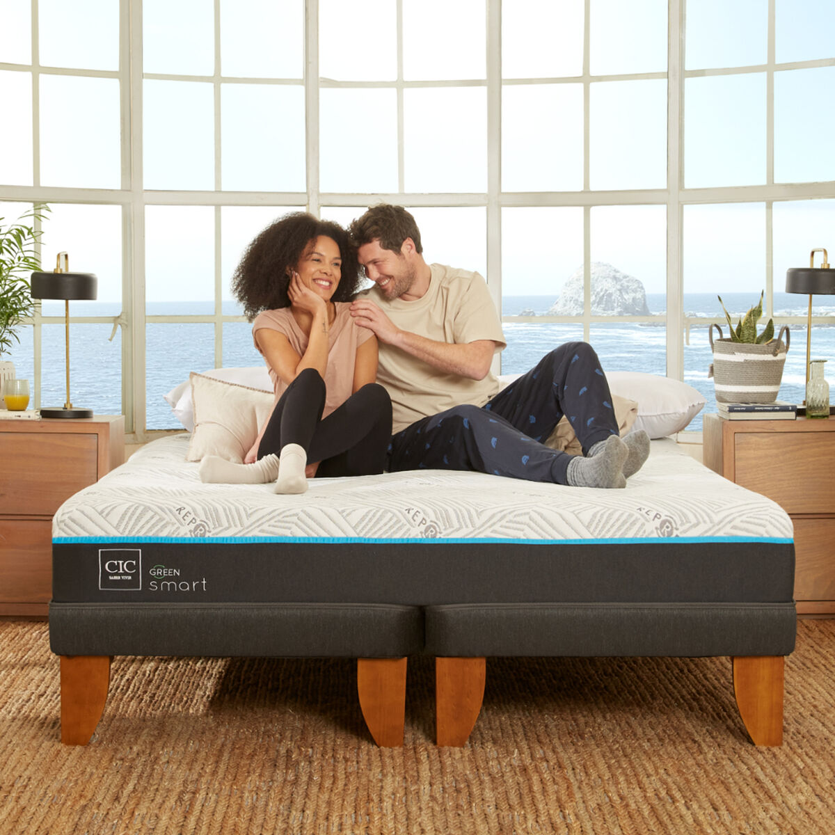 Cama Europea CIC Green Infinity King + 1 Respaldo + 2 Veladores Dublin Gris