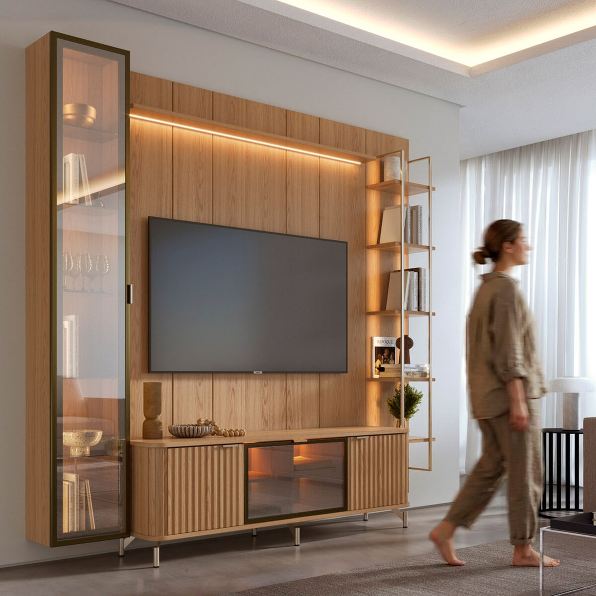 Rack TV 70" + Panel Neon Float Led + Vitrina + Repisas Decocasa Carvalho