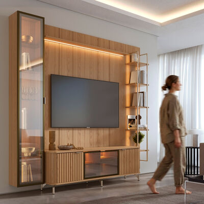 Rack TV 70" + Panel Neon Float Led + Vitrina + Repisas Decocasa Carvalho