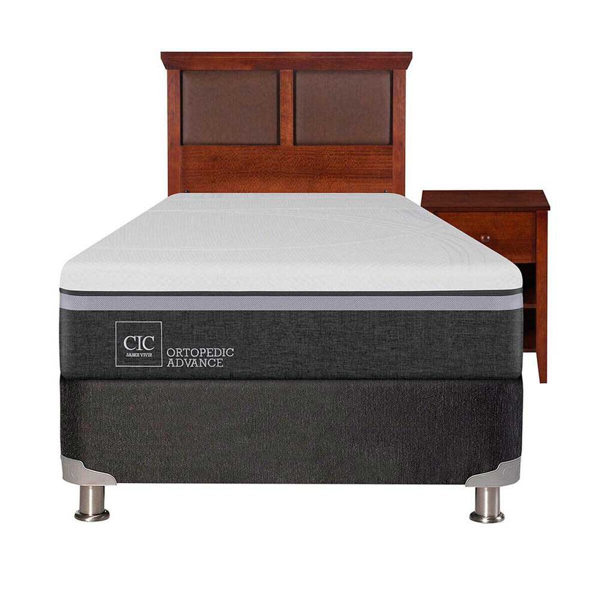 Box Spring CIC 1,5 Plazas Ortopedic Advance + Respaldo + Velador New Torino