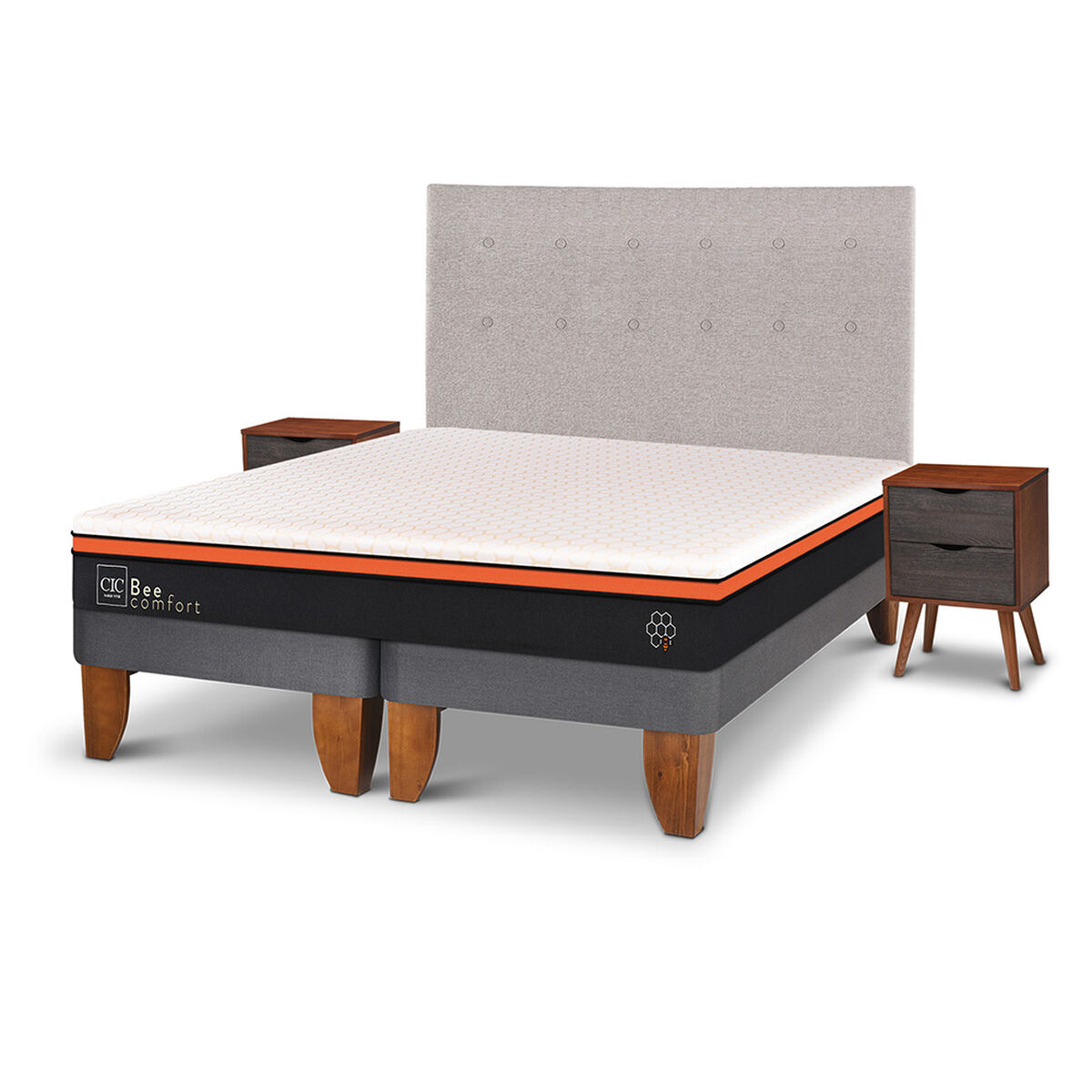 Cama Europea CIC Base Dividida 2 Plazas Bee Comfort + Respaldo + 2 Veladores