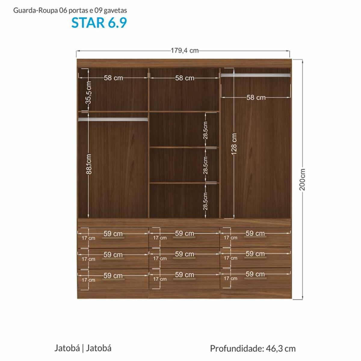 Clóset Onessta Plus 6 Puertas 9 Cajones Jatoba