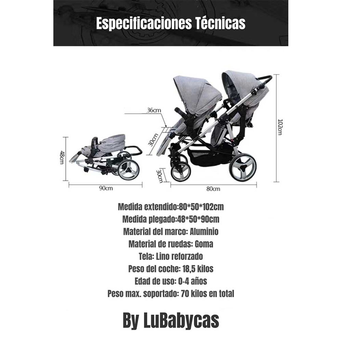 Coche Doble Duo Reclinable 6 Modos En 1 LuBabycas Gris
