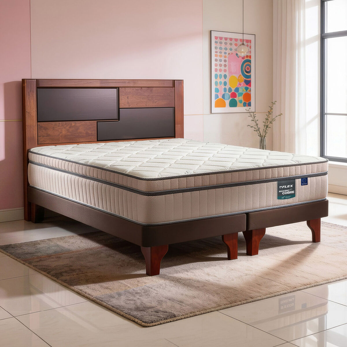 Cama Europea Flex Base Dividida 2 Plazas Maximo Cobre + Respaldo Colonia