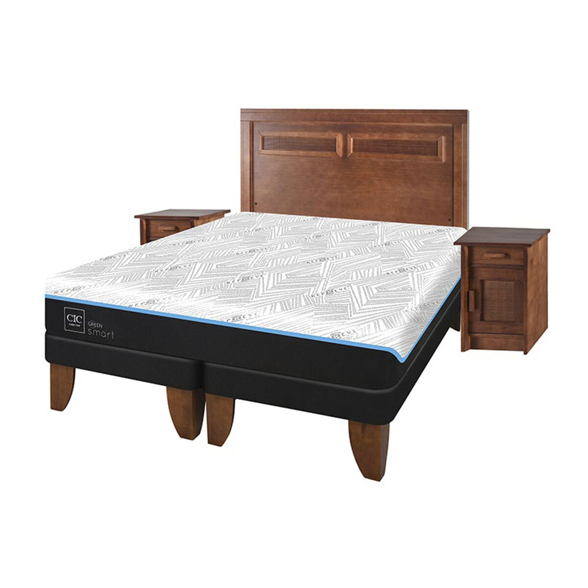Cama Europea CIC Green Infinity King + 1 Respaldo + 2 Veladores Milan