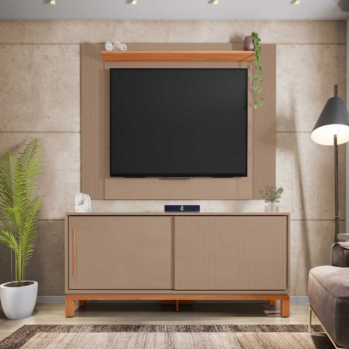 Set Panel + Rack 1.8  + Vitrina Decocasa Mondrian Gris-Casta&ntilde;o