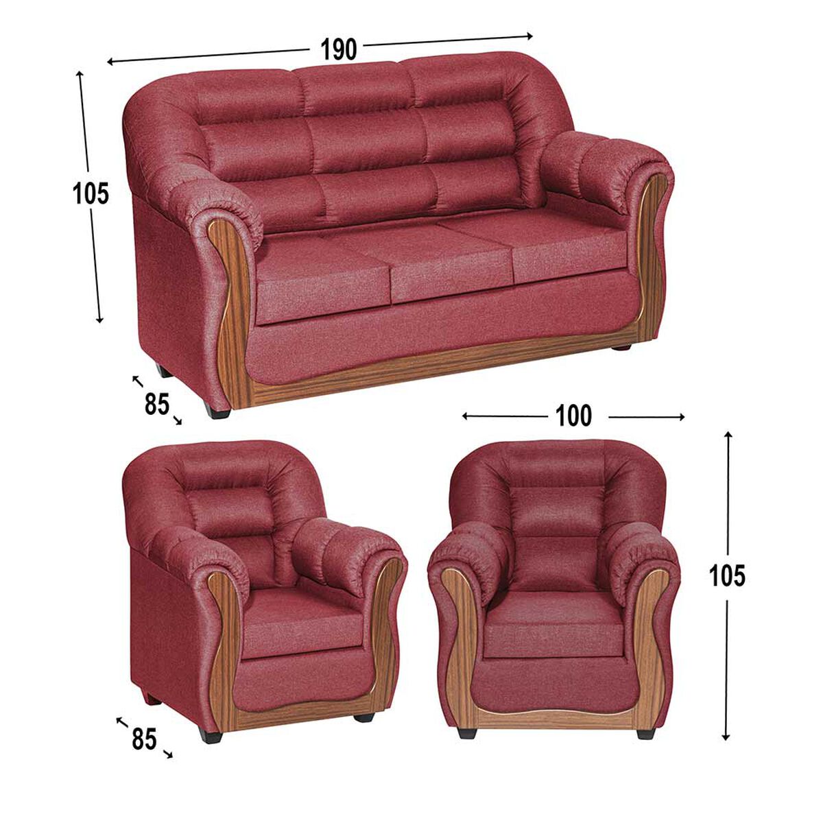 Juego de Living Muebles M&E Valdivia  Sofá 3 Cuerpos + Dos Sillones 1 Cuerpo Burdeo