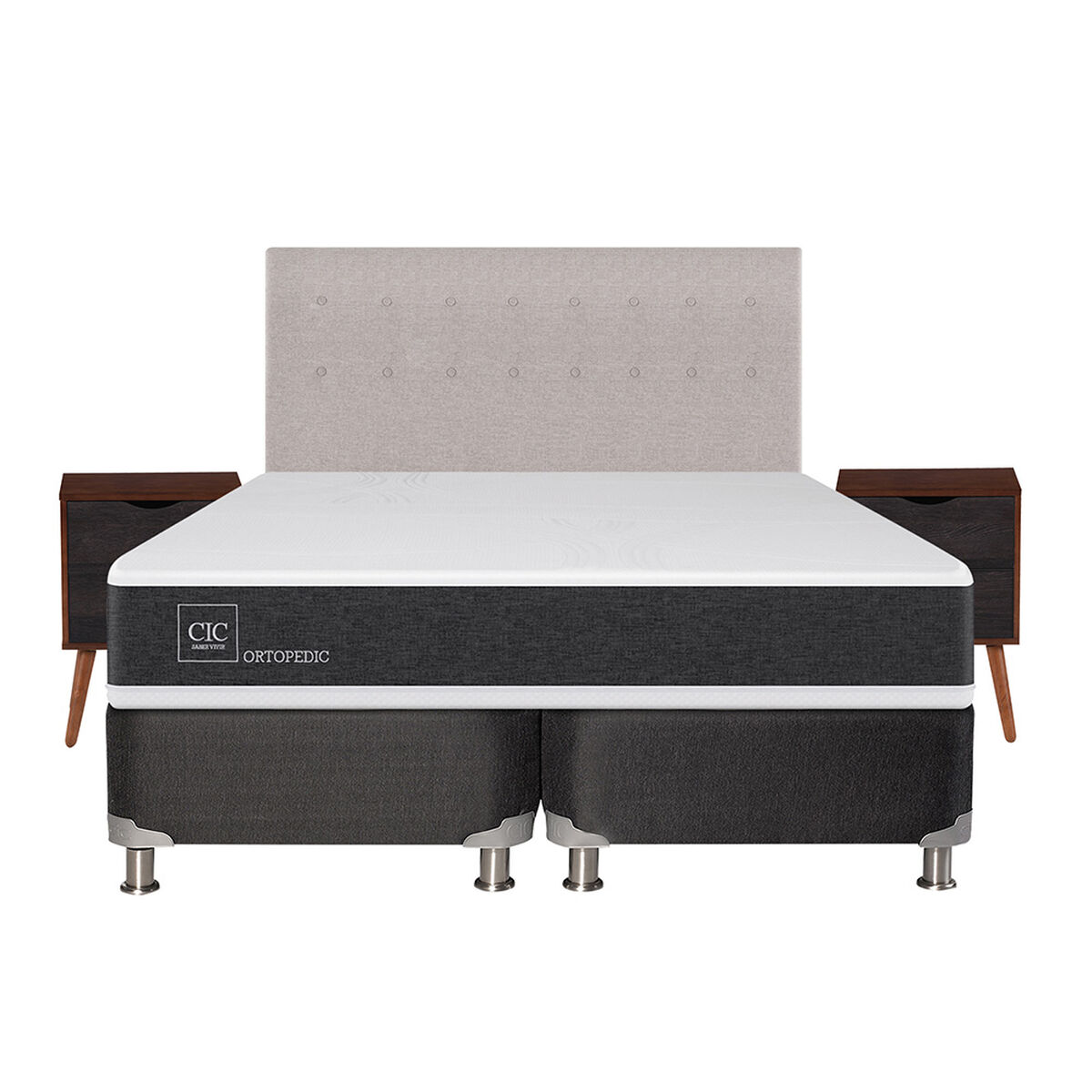 Box Spring CIC Base Dividida King New Ortopedic + Respaldo + 2 Veladores Tigris