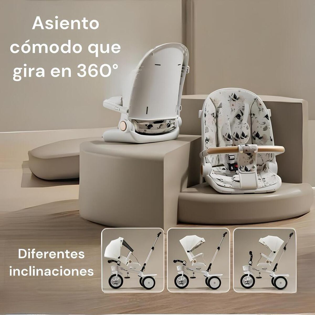 Triciclo LuBabycas 360° Multiposiciones con Mesita Blanco