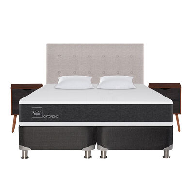 Box Spring CIC Base Dividida 2 Plazas New Ortopedic + Respaldo + 2 Veladores Tigris + Almohada