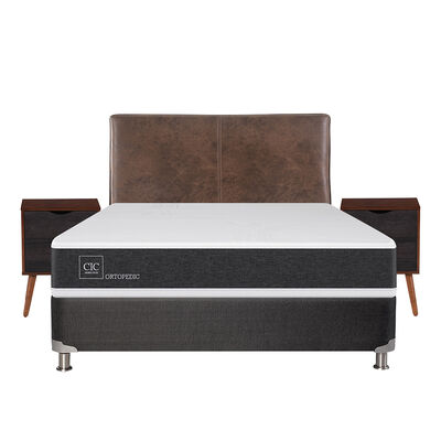 Box Spring CIC 2 Plazas New Ortopedic + Respaldo + 2 Veladores Baker