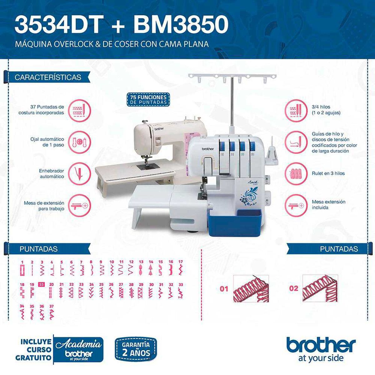 Combo Overlock Brother 3534D + M&aacute;quina de Coser BM3850