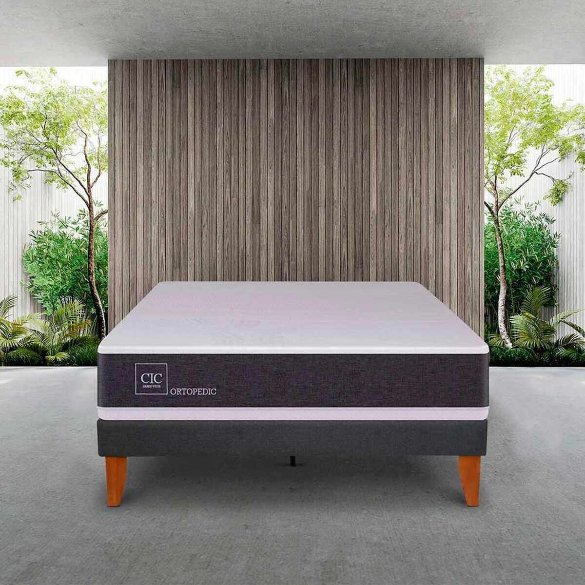 Cama Europea CIC 1,5 Plazas New Ortopedic + Respaldo Eufrates + Velador + Almohada Viscoel&aacute;stica