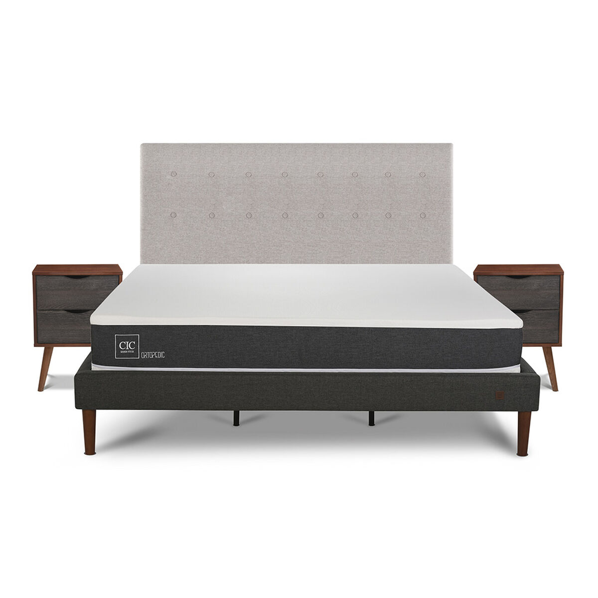 Cama Europea CIC King New Ortopedic + Respaldo Tigris + 2 Veladores