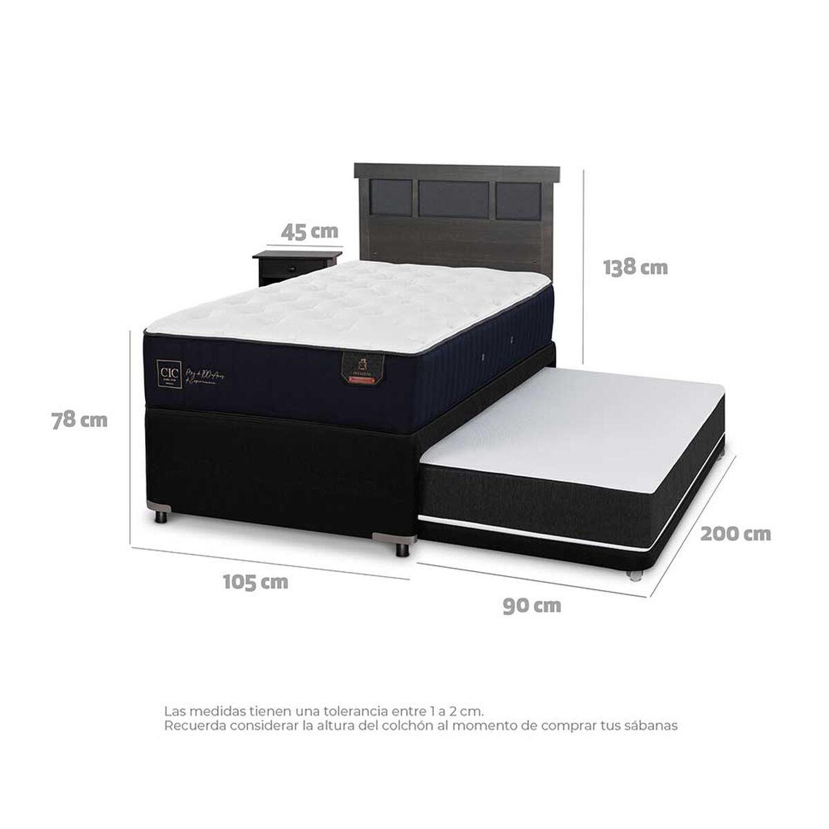 Cama Nido CIC 1,5 Plazas Premium + Respaldo + Velador Dublin