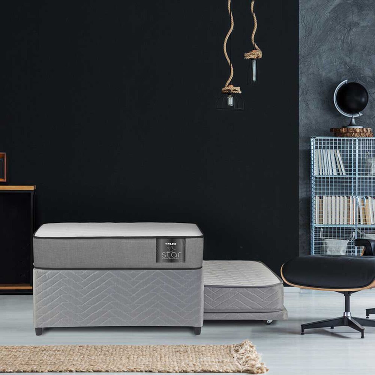 Diván Flex 1,5 Plazas Star + Respaldo Royal + Velador Rock