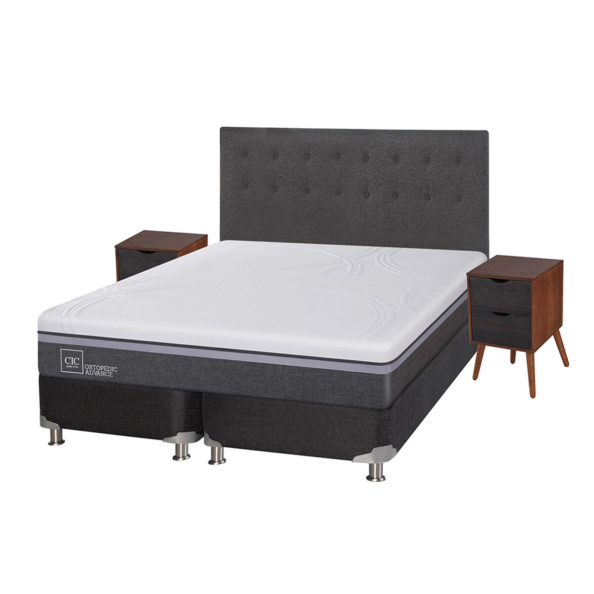 Box Spring CIC king Ortopedic Advance + Respaldo + velador Eufrates