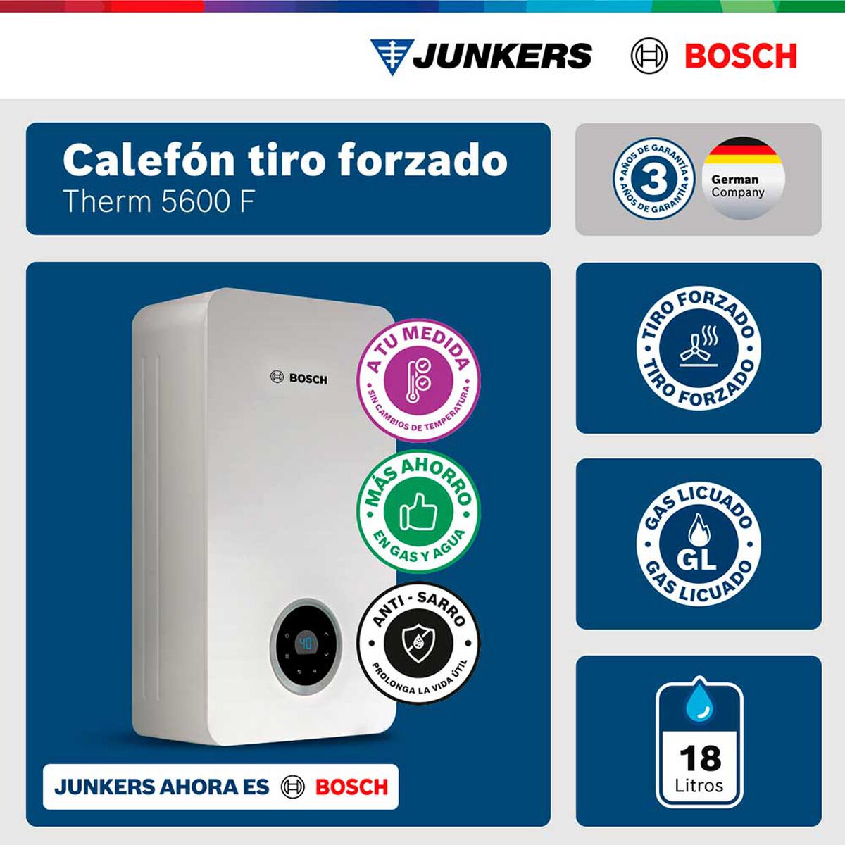Calef&oacute;n 18 litros gas licuado tiro forzado Junkers Bosch Therm 5600 F