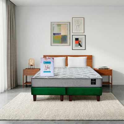 Combo Cama Europea Latam Home 2 Plazas Cannon BD Tela Verde + Textil + Respaldo + 2 Veladores Orion