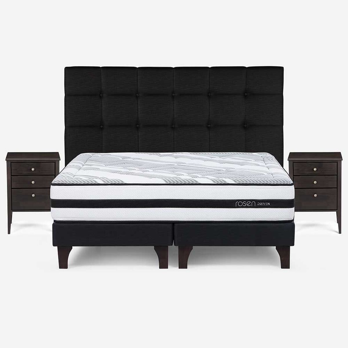 Cama Europea Rosen Base Dividida King Driven + Respaldo + 2 Veladores Issey