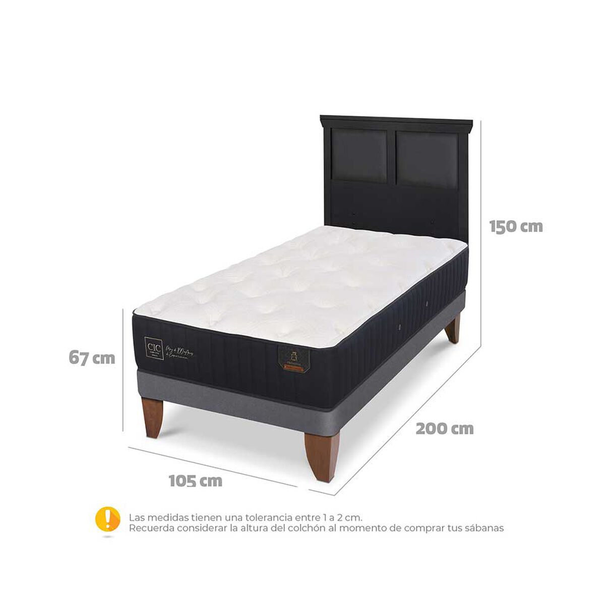 Cama Europea CIC 1,5 Plazas Premium + Respaldo Torino Negro