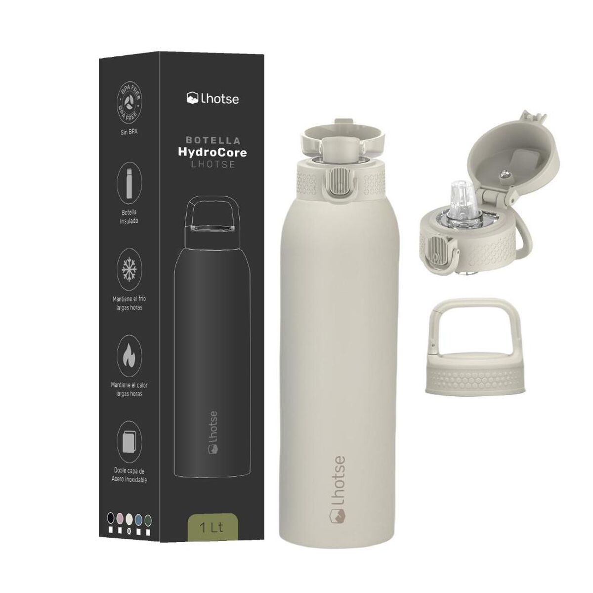 Botella T&eacute;rmica Agua Lhotse Acero Inox 3 Tapas HydroCore 1Lt Beige