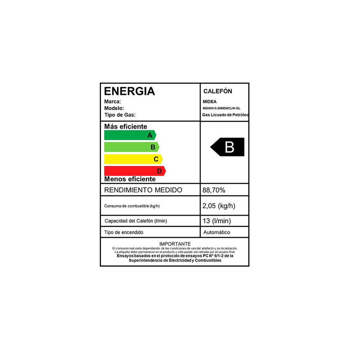 Calefont Gas Licuado Midea MGWH13-26MDNCLW-GL Tiro Natural 13 lts.