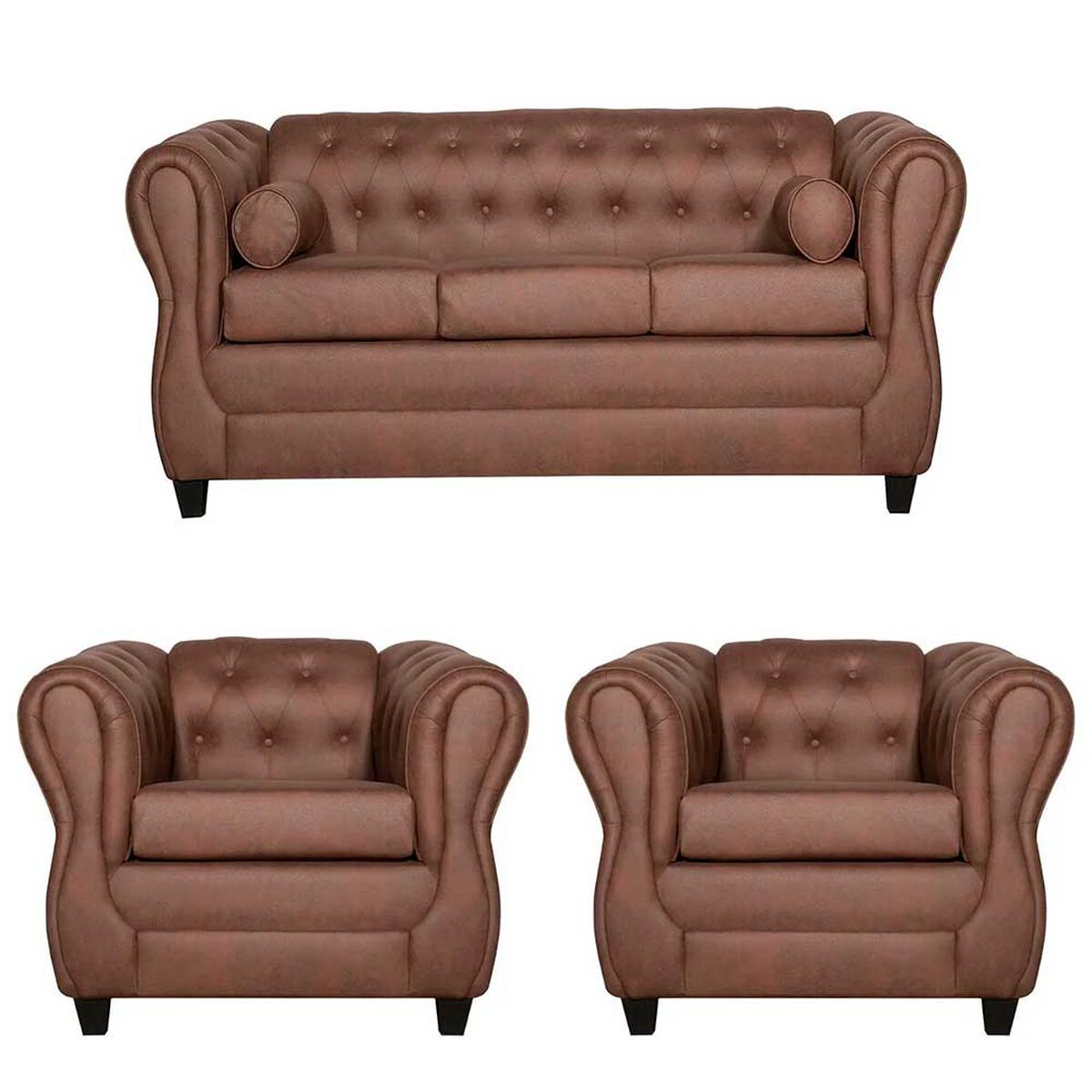 Juego de Living Ruzam Mobel Chesterfield Sofá 3 Cuerpos + Dos Sillones 1 Cuerpo PU Café