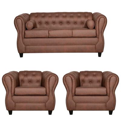 Juego de Living Ruzam Mobel Chesterfield Sofá 3 Cuerpos + Dos Sillones 1 Cuerpo PU Café