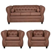 Juego de Living Ruzam Mobel Chesterfield Sofá 3 Cuerpos + Dos Sillones 1 Cuerpo PU Café