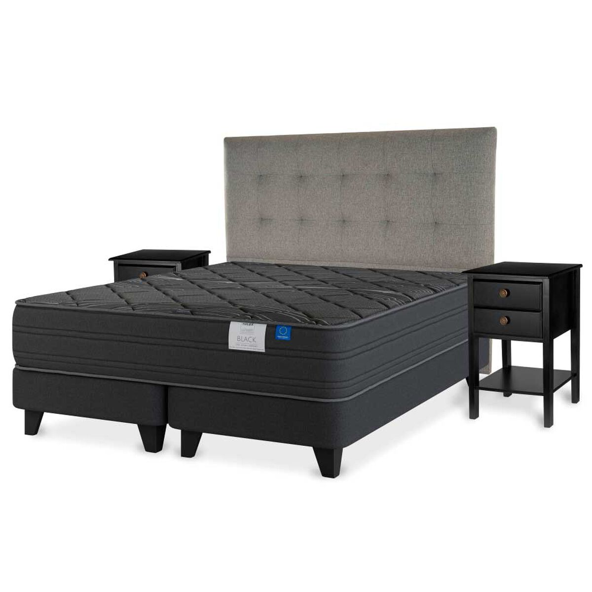 Cama Europea Flex Base Dividida King Black + Respaldo Design Gris + 2 Veladores Rover