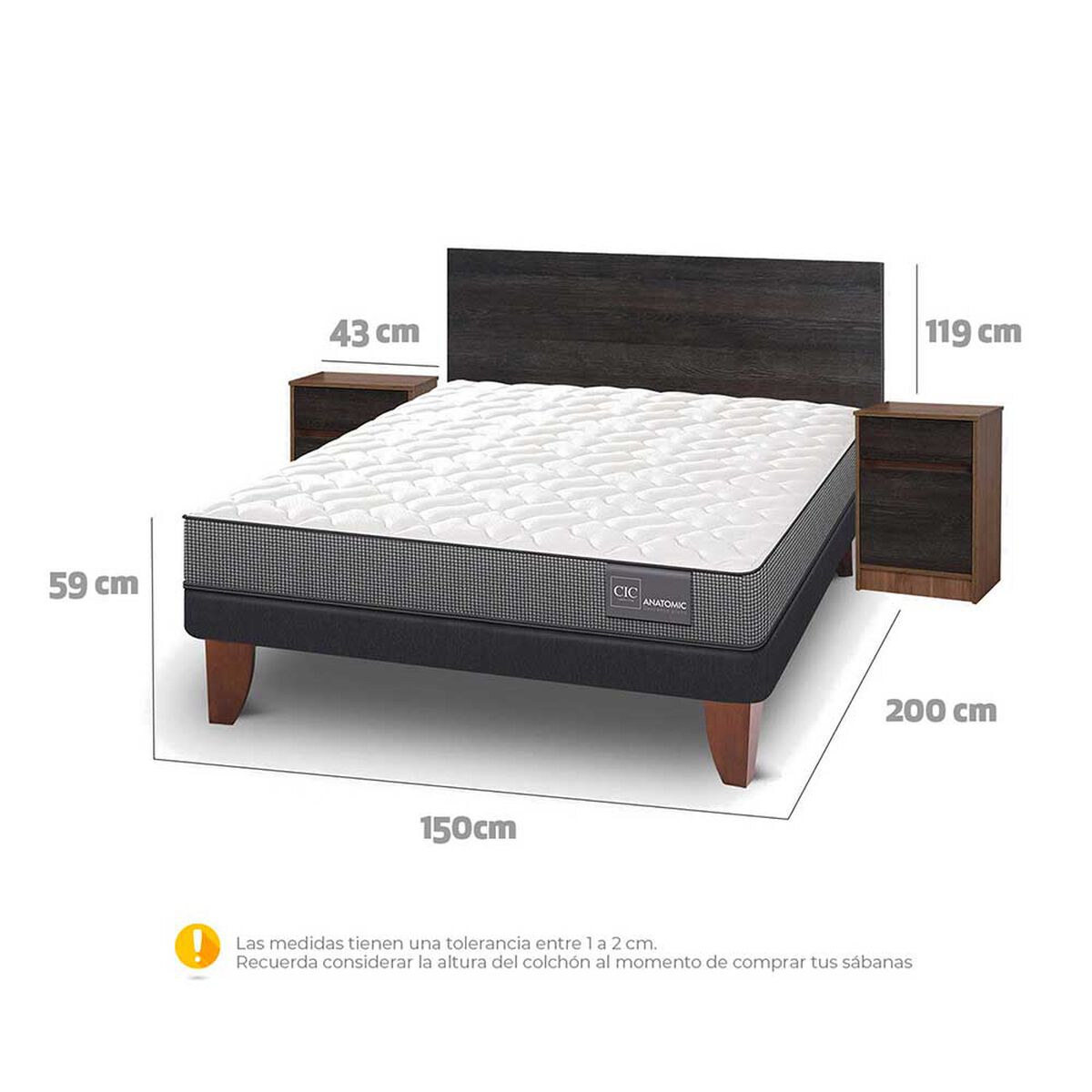 Cama Europea CIC 2 Plazas Anatomic + Respaldo + 2 Veladores Espresso