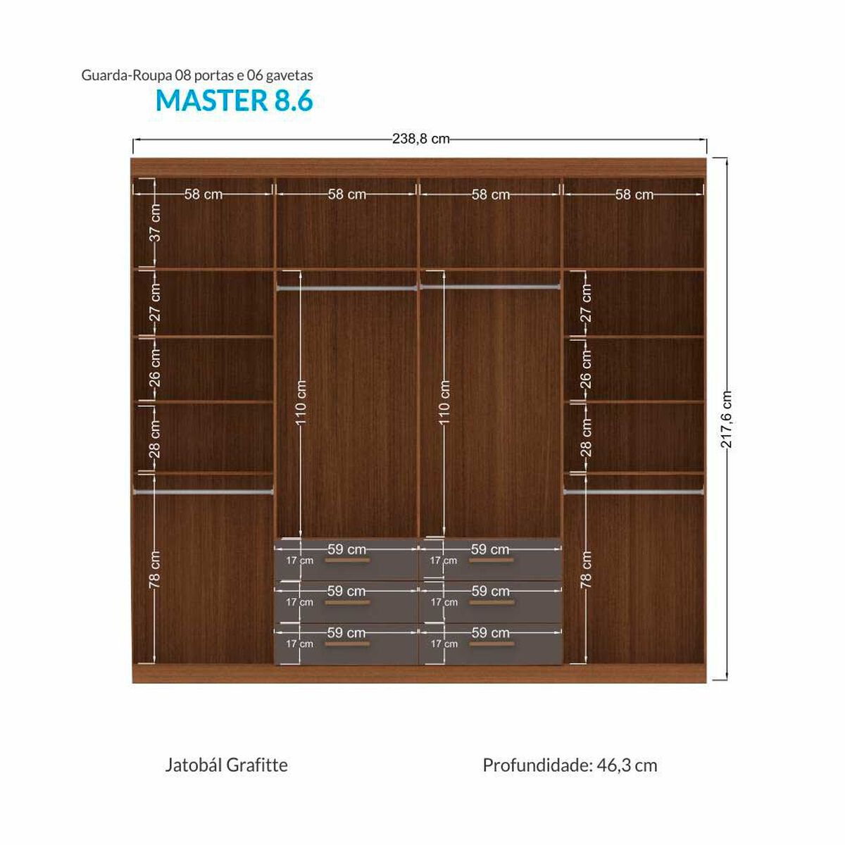 Clóset Altavision Master 8 Puertas 6 Cajones Jatoba Grafito