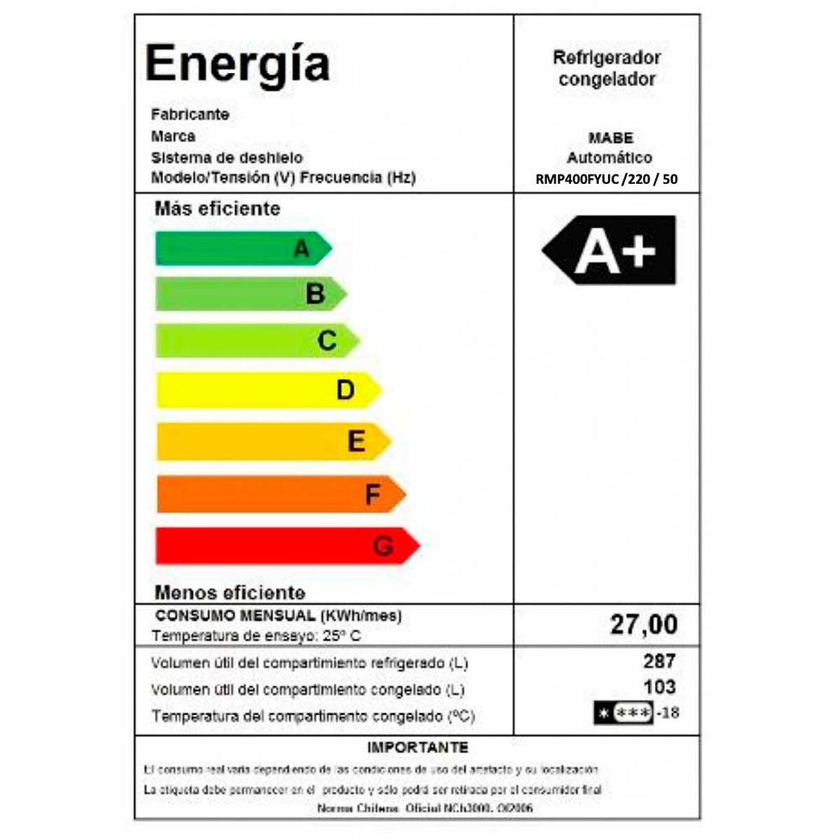Refrigerador No Frost Mabe RMP400FYUC 390 lts.