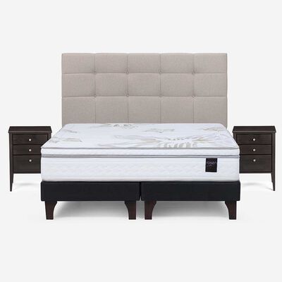 Cama Europea Rosen Base Dividida 2 Plazas Art 4 + Respaldo + 2 Veladores Niebla