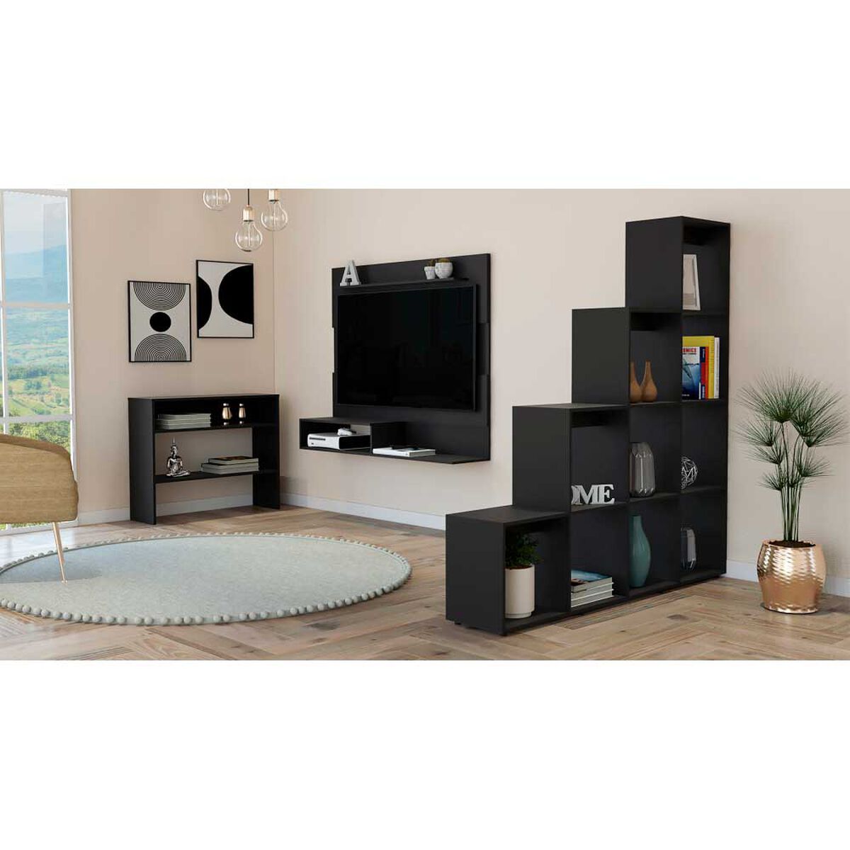 Combo Arrimo + Panel TV 55" + Biblioteca Escalera Tuhome Beijing Wengue