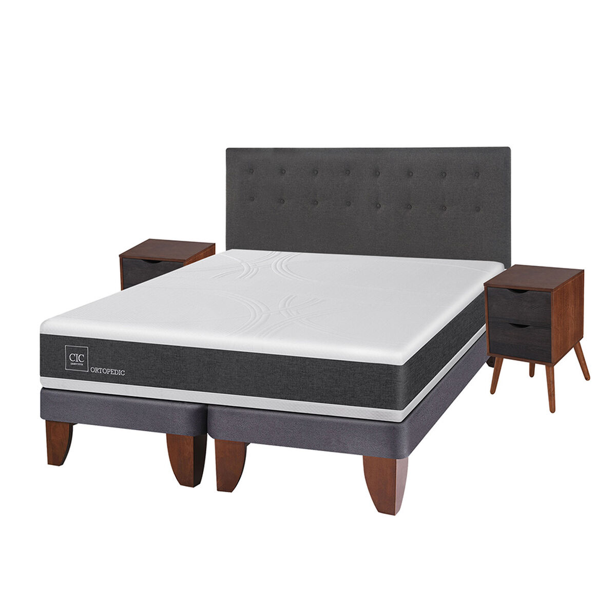 Cama Europea CIC King Ortopedic + Respaldo + 2 Veladores Eufrates